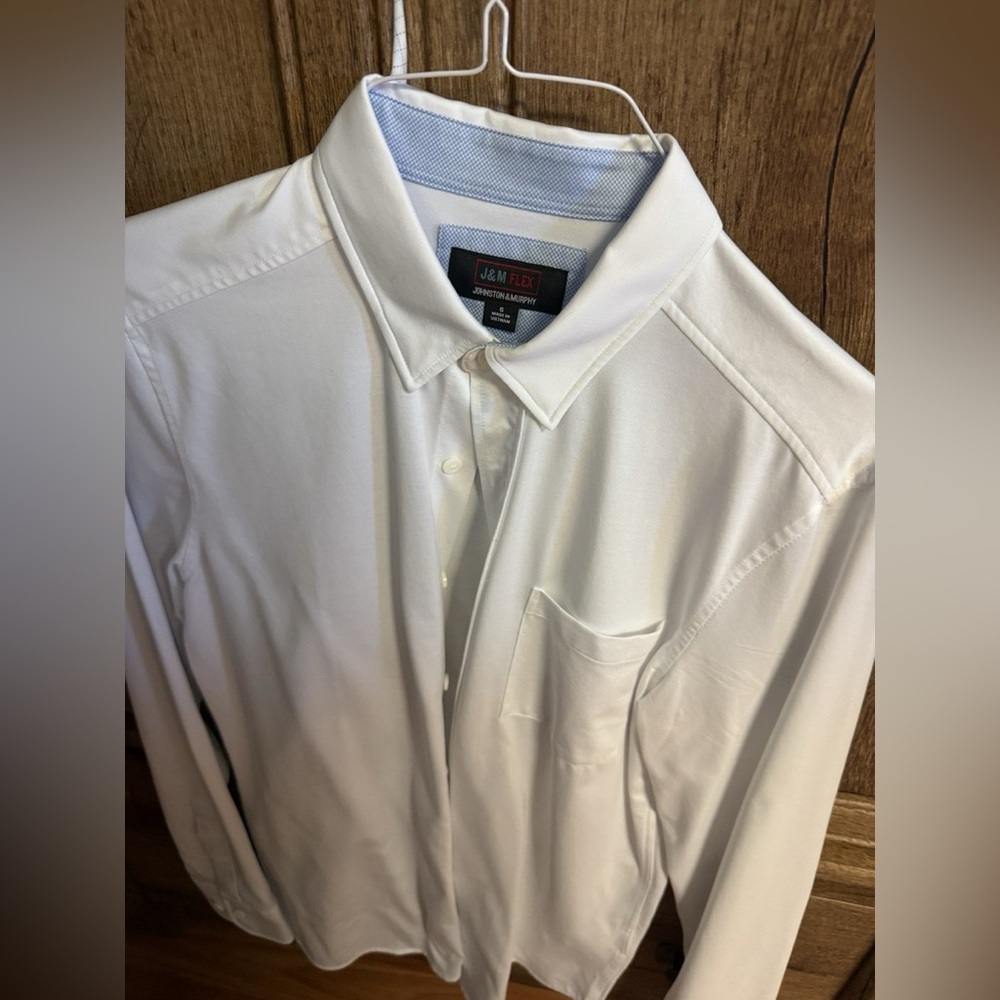 Johnston & Murphy White Men’s Long Sleeve Dress Shirt with Subtle Blue Trim